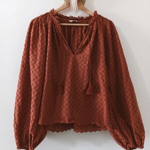 Ulla Johnson Rust Eyelet Cotton Tassel Tie Bishop Balloon Sleeve Blouse